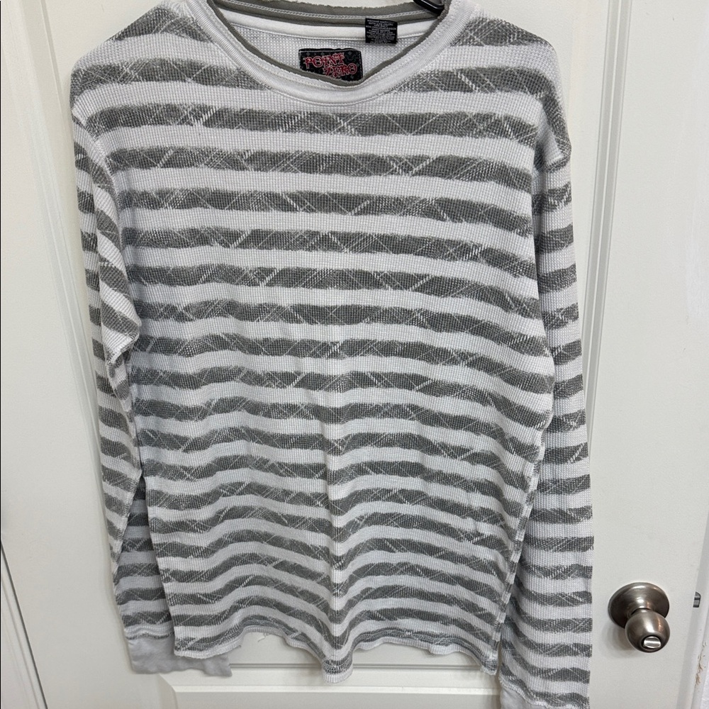 Point Zero Gray and White Striped Long Sleeve Tee